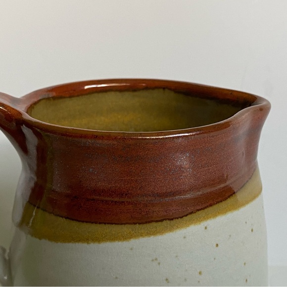 Vintage Brown and Tan Stoneware Crock Farmhouse Creamer Signed 6” Syrup Pitcher - Picture 6 of 16